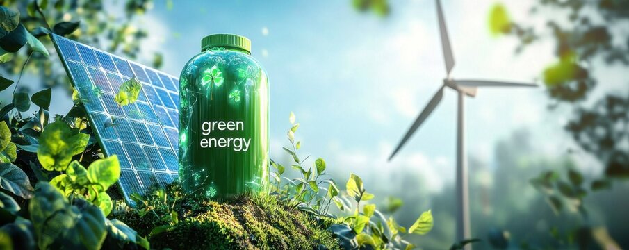 Green energy concept with solar panel and wind turbine - Powered by Adobe