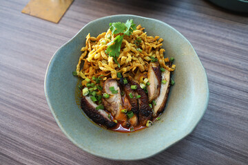 Close up duck Khao Soi, Northern Thai noodles with meat