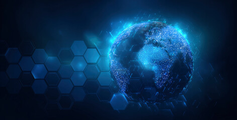 Global Network: Digital Earth with Hexagon Pattern