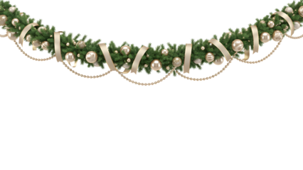 Elegant Christmas garland, festive holiday decor with gold ribbons, champagne baubles, pearl chains, pine branches, cozy winter aesthetic, luxurious celebration background, seasonal banner.