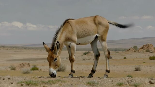 Wild donkeys bow their heads in the desert to forage