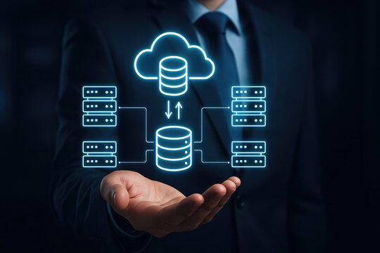 Businessman presenting a digital cloud database network with servers and data flow cloud computing - Powered by Adobe