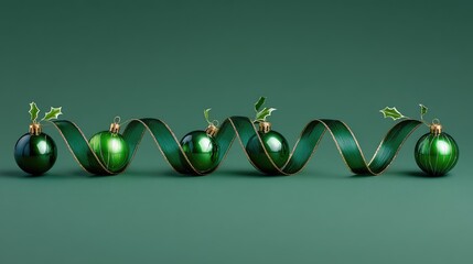 Green Christmas Ornaments and Holly Leaves on Elegant Background for Festive Holiday Decoration