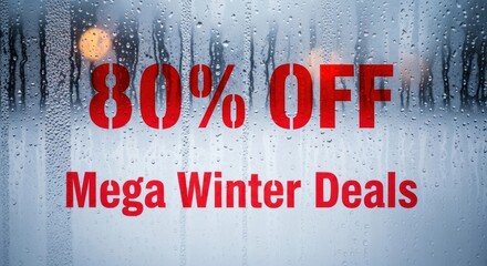 Mega winter deals 80 percent off on a rainy window background