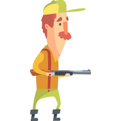 Cartoon Hunter Man With Shotgun Wearing Green Cap and Yellow Vest Outdoors Activity and Hobby Vector Illustration