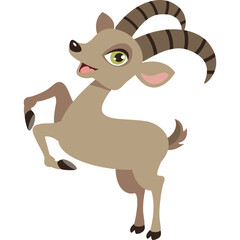 Cartoon Ibex Standing on Hind Legs with Large Curved Horns and Green Eyes Playful Pose Neutral Background