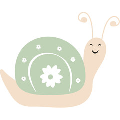 Cartoon illustration of a light pink snail with a light green shell adorned with white flowers and cheerful smile on transparent background