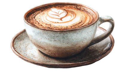 Watercolor illustration of spiced maple latte in rustic ceramic cup, cozy autumn flavored coffee beverage artwork isolated on white background