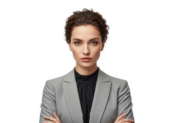 Professional businesswoman portrait with serious expression in gray suit jacket png image stock photo model isolated on transparent background