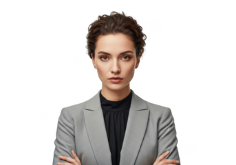 Professional businesswoman portrait with serious expression in gray suit jacket png image stock photo model isolated on transparent background