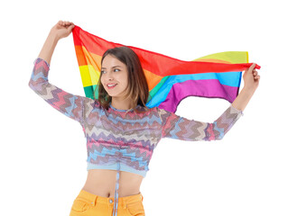 Happy young woman with LGBT flag on white background