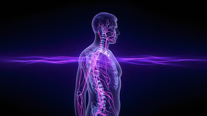 Human Nervous System Anatomy with Glowing Purple Energy Waves on Dark Background