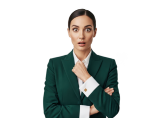 Shocked businesswoman in green suit with surprised expression, portrait of professional woman, isolated on transparent background