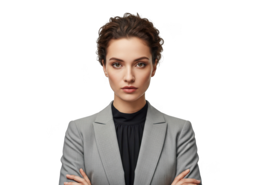 Professional businesswoman portrait with serious expression in gray suit jacket png image stock photo model isolated on transparent background