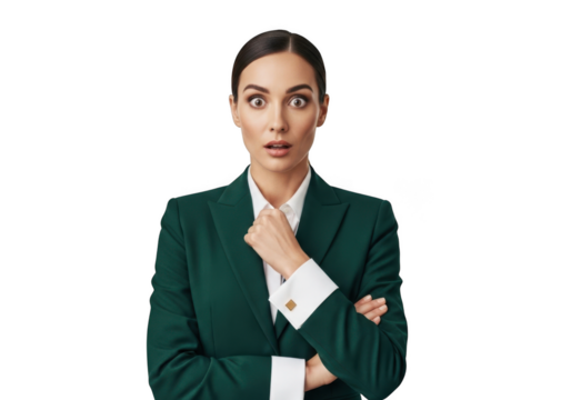 Shocked businesswoman in green suit with surprised expression, portrait of professional woman, isolated on transparent background