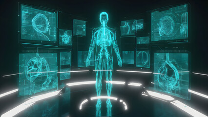 Futuristic Holographic Human Anatomy Display with Medical Scans in Dark Room