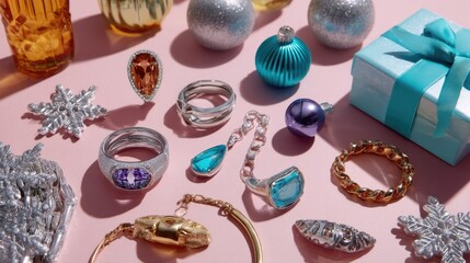 Colorful assortment of elegant jewelry pieces, ornaments, and gifts on a soft pink backdrop for festive occasions