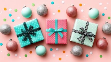 Colorful Gift Boxes and Decorative Ornaments on Pink Background with Confetti for Holiday Celebrations