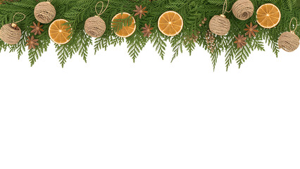 Rustic Christmas garland border with evergreen, dried oranges, star anise, twine ornaments. Perfect for festive holiday winter season decor, elegant background, celebration aesthetic.