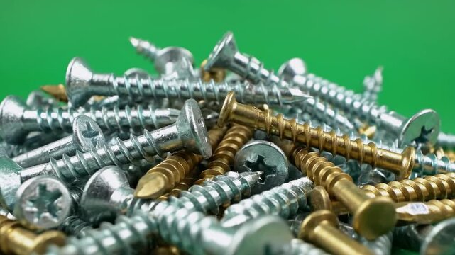 A close-up of a pile of screws, some silver and some gold, against a green backdrop