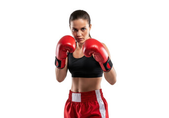 Professional female boxer ready to fight with red boxing gloves and athletic gear posing isolated on transparent background