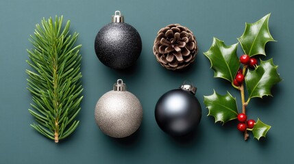 Christmas Decorations Including Ornaments, Pinecone, Holly, and Pine Branch on Dark Green Background