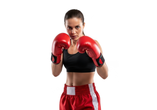 Professional female boxer ready to fight with red boxing gloves and athletic gear posing isolated on transparent background