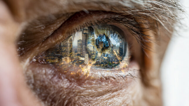 Close-up of an eye reflecting a vibrant cityscape with illuminated skyscrapers and urban lights creating a striking vision of modern metropolitan life at dusk