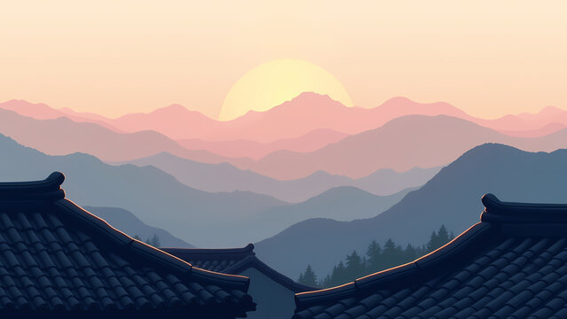 Korean Hanok Roof with Sunrise Mountain Landscape Illustration
