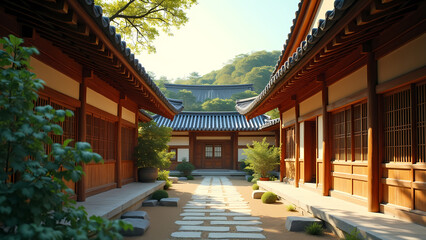 Naklejka premium Traditional Korean Courtyard in Morning Light 