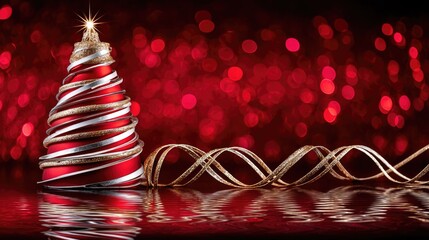 Elegant Christmas Tree Decoration with Shiny Red Background and Sparkling Lights for Holiday Celebration Themes