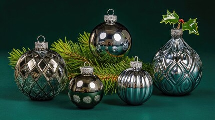 Elegant Christmas Ornaments in Various Designs and Colors Decorated with Green Pine Branch on Dark Background