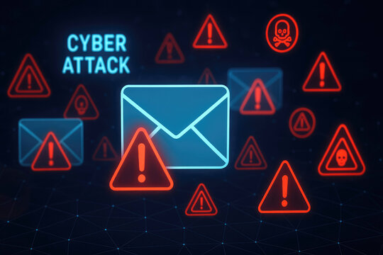 Cyber attack concept with glowing email and warning icons on dark background security threat
