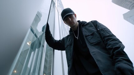 Urban Fashionable Male in Black Jacket Posing Near Modern Building with Glass Reflection in Urban Environment