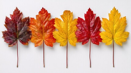 Vibrant Array of Autumn Leaves Displaying a Spectrum of Colors from Red to Yellow on a White Background