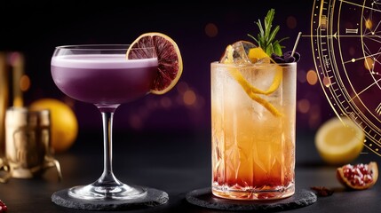 Vibrant Cocktails with Citrus Garnish on Dark Surface, Elegant Glassware and Colorful Decorations for Celebration