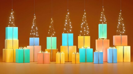 Colorful Gift Boxes with Sparkling Lights and Christmas Trees on Brown Background for Holiday Celebrations
