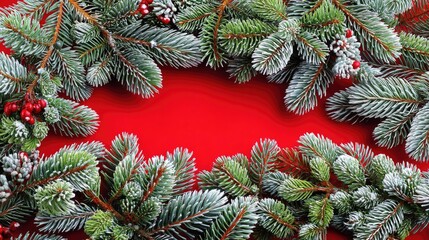 Festive Christmas Wreath with Snowy Pine Branches and Red Background for Holiday Decoration and Celebration