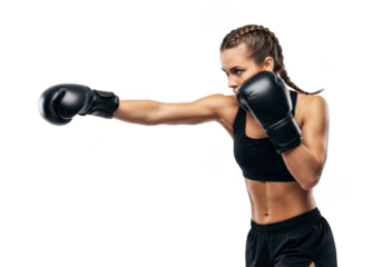 Female boxer punching with black boxing gloves, woman athlete training, fitness model, sport, punch, isolated on transparent background