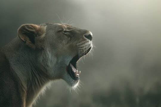 Lioness Yawning in Morning Mist - Wildlife Portrait in Natural Light - Powered by Adobe