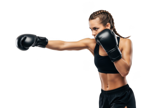 Female boxer punching with black boxing gloves, woman athlete training, fitness model, sport, punch, isolated on transparent background - Powered by Adobe