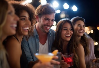 Vibrant social gathering of diverse young adults enjoying drinks laughter and celebration in a lively outdoor nightlife scene with friends fun and positive energy