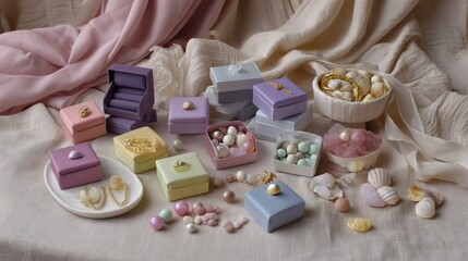 Beautifully Arranged Pastel Jewelry Boxes with Seashells and Pearls on Soft Elegant Fabric Background