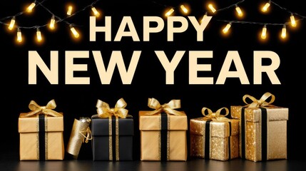Festive New Year Greeting with Golden Gifts and Twinkling Lights for Celebration and Joyful Moments
