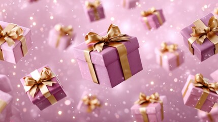 Floating Purple Gift Boxes with Golden Ribbons and Sparkling Background for Celebratory Themes