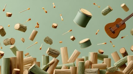 Creative Composition of Floating Wooden Elements, Musical Instruments and Brushes in Air Against a Green Background