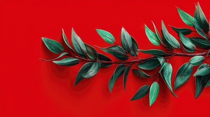 Vibrant Green Leaves on Bold Red Background for Nature, Art, and Design Projects