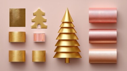 Decorative golden tree and wrapping materials on pink background for festive celebrations and gift wrapping ideas