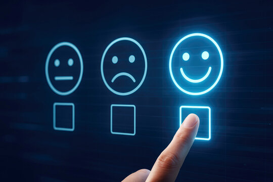 Finger selecting a happy face icon on a digital screen for customer feedback satisfaction rating