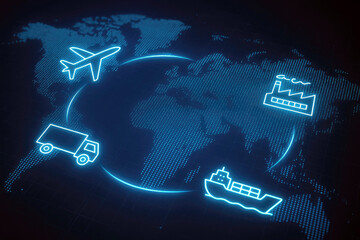 Global logistics network with transportation icons on a digital world map airplane